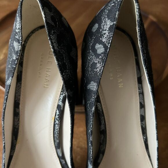 Cole Haan Alanna Brocade Pumps II Black Silver Leopard Block Heels Womens 9 B - Picture 11 of 16
